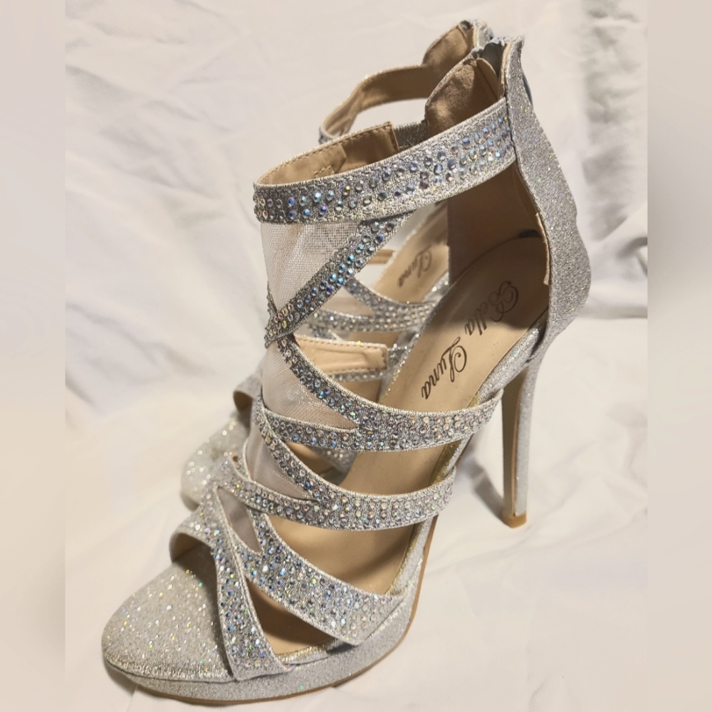 Silver bling rhinestone high heels womans 7.5 prom wedding stilettos